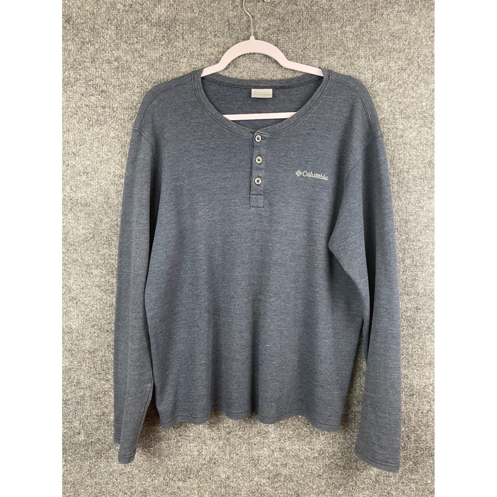 Columbia Henley Shirt Mens Large Gray Excellent Long Sleeve Waffle Knit Logo